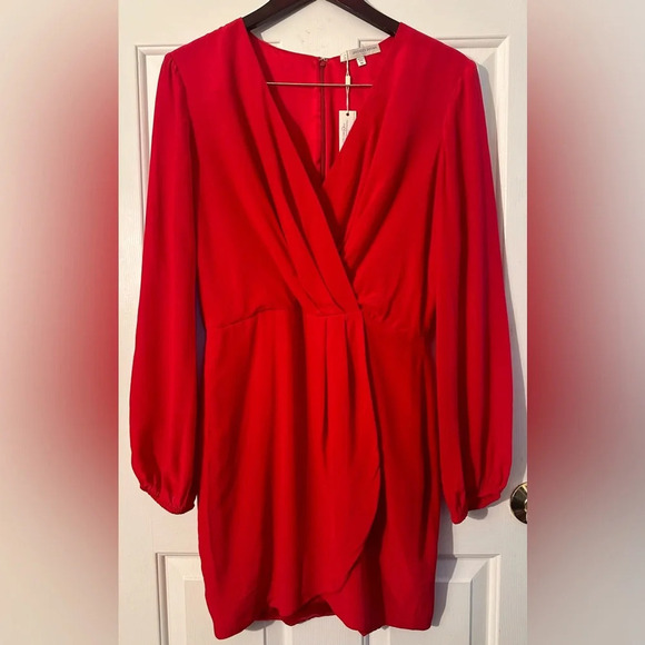 NWT LAVENDER BROWN 100% Silk RED HOT Faux Wrap Long Sleeve Midi Dress MED $220 - Picture 1 of 13
